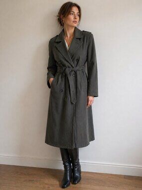VTG 80s West Germany Womens Wool Trench Coat Grey  Belted Winter Size XS/S